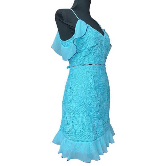 Topshop Turquoise Lace Cold Shoulder Mini Dress Women’s 8 - Picture 3 of 10